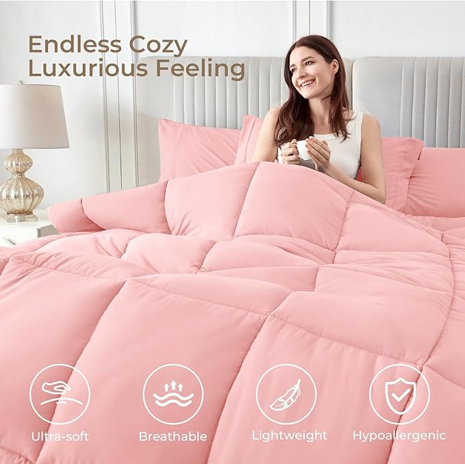 Sasttie King Size Comforter Set, 7 Pieces Bed in a Bag King, Complete Bedding Set Includes Comforter, Flat Sheet, Fitted Sheet, Pillowcases and Pillow Shams, Pink