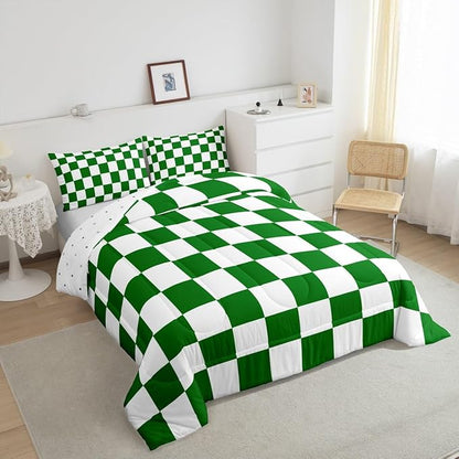 Feelyou Checkered Retro Bedding Set Teen Women Men Green White Plaid Comforter Set Twin Size Kids Boys Girls Geometric Vintage Duvet Insert Modern Simple Groovy Aesthetic Room Decor