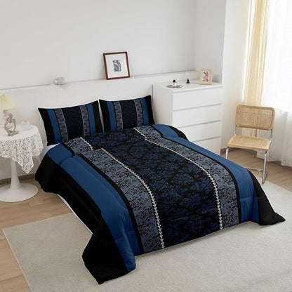 jejeloiu Adult Classic Jacquard Bedding Set Toddle Size Damask Pattern Comforter Set for Boys Girls Black Blue Stripe Duvet Set Baroque Quilt Set 2Pcs
