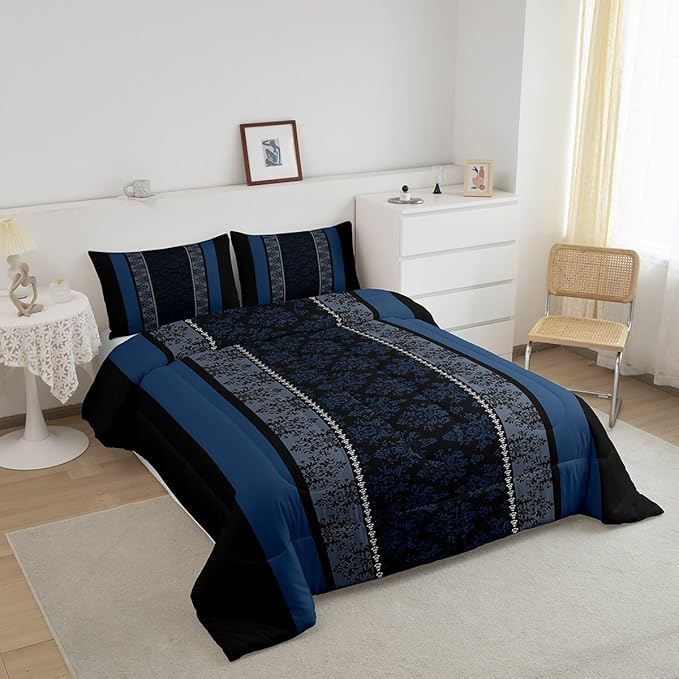 jejeloiu Adult Classic Jacquard Bedding Set Queen Size Damask Pattern Comforter Set for Boys Girls Black Blue Stripe Duvet Set Baroque Quilt Set 3Pcs