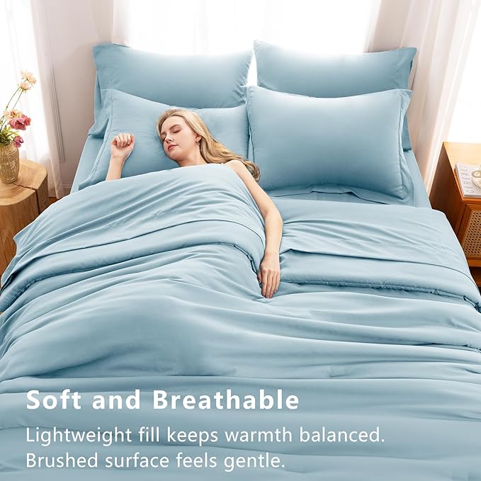 CozyLux King Size Comforter Set Light Blue, 7 Pieces Bed in a Bag King Comforter Set with Sheets, Bedding Set with Down Alternative Comforter, Fitted Sheet, Flat Sheet, Pillow Shams and Pillowcases