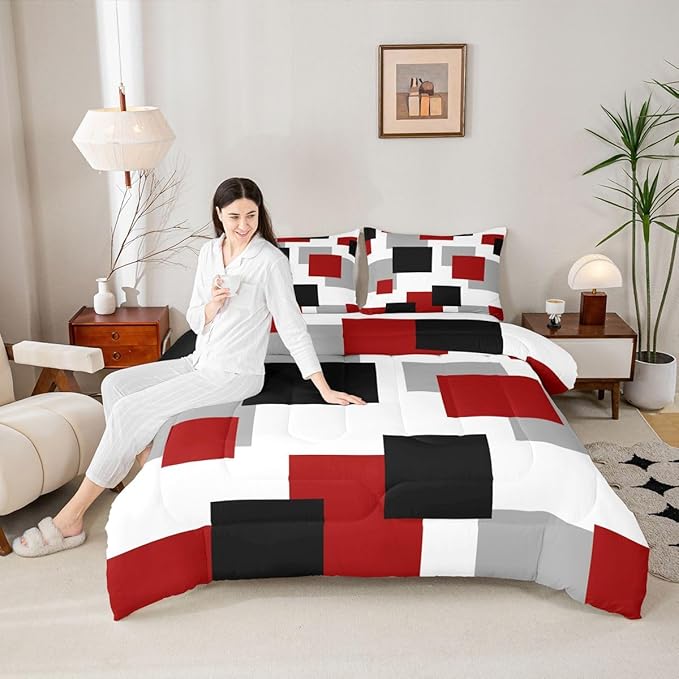 Castle Fairy Red Black White Comforter/Duvet Set,Geometric Grid Square Splicing Ultra Soft Bed Collection,Modern Abstract Bedding for Room Decor 3 Pcs,Microfiber Breathable,King