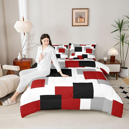 Castle Fairy Red Black White Comforter Set Toddler Size,Geometric Grid Square Splicing Bedding Set for Kids Teens Bedroom,Modern Abstract Down Comforter,2 Pcs 1 Pillowcase