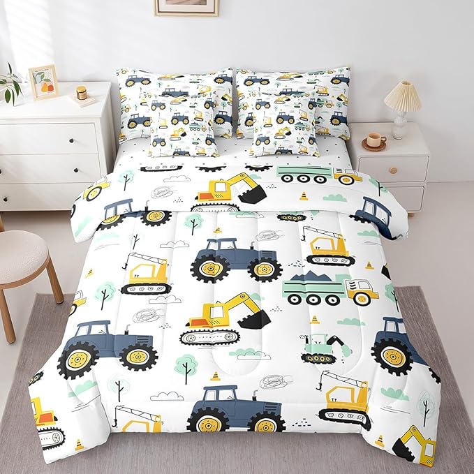 Erosebridal Cartoon Car Kids 7 Pcs Comforter Set King,Kids Construction Vehicles Bed in a Bag for Boys Girls Teens,Tractor Machinery Trucks Bedding Set,Excavator Construction Site Cars Fitted Sheet