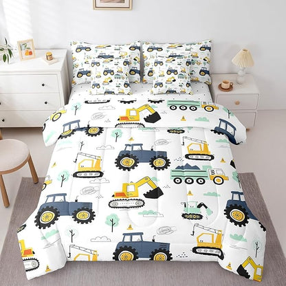 Erosebridal Cartoon Car Kids 7 Pcs Comforter Set King,Kids Construction Vehicles Bed in a Bag for Boys Girls Teens,Tractor Machinery Trucks Bedding Set,Excavator Construction Site Cars Fitted Sheet