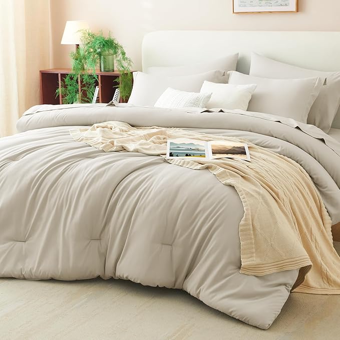 CozyLux Oversized Queen Comforter Set Beige, 7 Pieces Bed in a Bag Comforter Set with Sheets, Soft Bedding Sets with Down Alternative Comforter, Fitted Sheet, Flat Sheet, Pillow Shams and Pillowcases