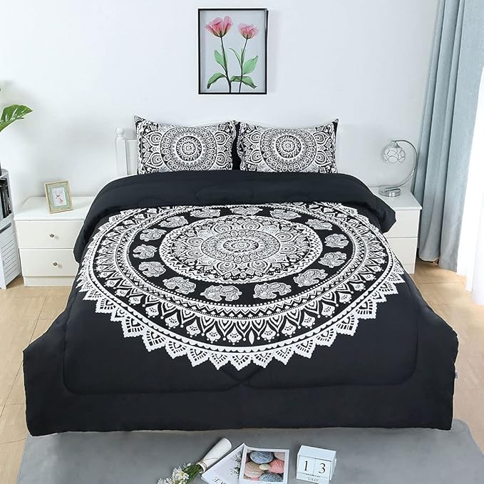 uxcell 3-Piece Bohemian Black Comforter Sets - 3D Printed Bohemia Themed - All-Season Down Quilted Duvet - Reversible Design - Includes 1 Comforter, 2 Pillow Cases Queen