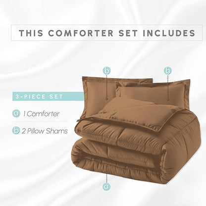 Elegant Comfort 3-Piece Box Stitched Down Alternative Comforter with Shams - Ultra Soft for All Season Duvet Insert with Corner Tabs, Plush Cozy 3PC Comforter Set, California King, Khaki