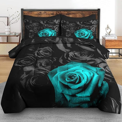 Comforter Set Queen Size, Cyan Rose Flower 7 Pcs Bedding for Kids and Adults, Summer Vintage Floral Bed Sheet Sets with Fitted Sheet 2 Pillowcases & 2 Shams for Bedroom Bed Decor
