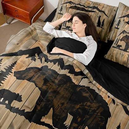 Erosebridal Cabin Bear Bed in A Bag Full | Rustic Jungle Hunting 7 Piece Comforter Set Woodl and Animal Farmhouse Sheet Set Grain Countryside Barn Door Fitted Sheet Breathable Lightweight