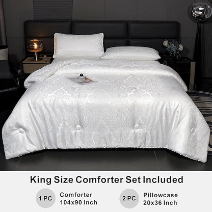 Jacquard Comforter Set - Luxury Warm Paisley Floral Pattern King Size Bedding with 2 Pillowcases All-Season Soft & Lightweight 3D Bubble Design Bed Set (104x90 Inches White)