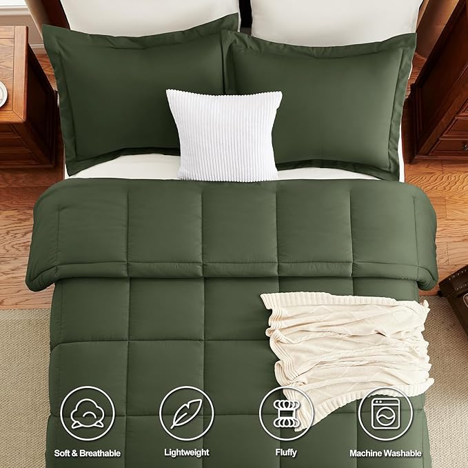 CozyLux King Comforter Set - Olive Green Comforter King Size, 3 Pieces Box Stitched Bed Set for All Seasons, Soft Lightweight Bedding Sets with 1 Down Alternative Comforter and 2 Pillow Shams
