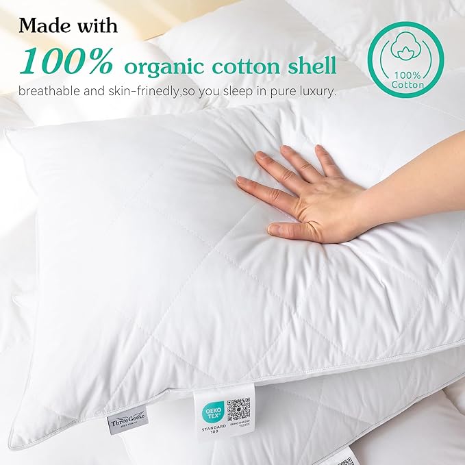 Three Geese White Goose Feather Cotton Pillows Standard Size Set of 1- Soft 600 Thread Count 100% Cotton, Medium Firm,Soft Support Surround Fill Cotton (Standard Size:Pack of 1)