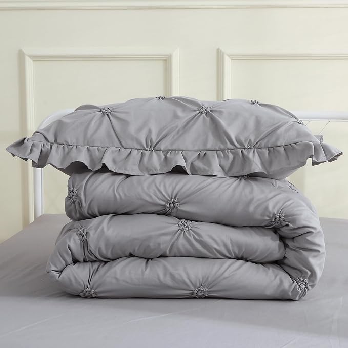 JOLLYVOGUE Gray Bed in a Bag Comforter Set for Bedroom, Pintuck Twin Size Comforter Sets 5 Pieces, Beddding Sets with Comforter, Sheets,Ruffled Shams & Pillowcases