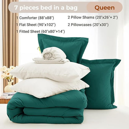 MUXHOMO 7 Pieces Queen Comforter Set, Soft Bed in a Bag Queen Size, All Season Bedding Set with Comforter, Flat Sheet, Fitted Sheet, Pillowcases & Shams, Peacock Blue & Ivory
