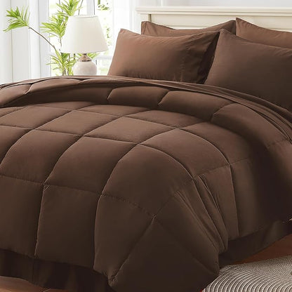 Anluoer King Size Bed in a Bag 7 Pieces, Brown Comforter Set with Sheets, All Season Bedding Sets with 1 Comforter, 2 Pillow Shams, 2 Pillowcases, 1 Flat Sheet, 1 Fitted Sheet