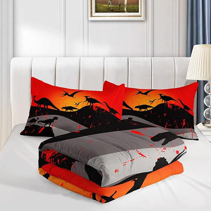 Cartoon Dinosaur Comforter Set Queen 3Pc Kawaii Dinosaur Bedding Set All Season with Tree, Leaf Decoration Includes 1 Comforter, 2 Pillowcases for Kids Girls Teens