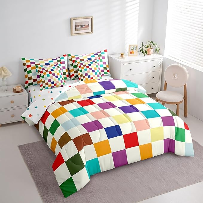 Feelyou Colorful Checkered Retro 7 Piece Bedding Set Kids Boys Girls Modern Geometric Cute Comforter Set with Sheets Twin Size Beige Colorful Bed in a Bag Vintage Simple Groovy Aesthetic Room Decor