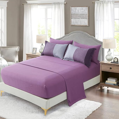 Anibedding Purple Comforter Set Queen 7 Pieces Purple Striped Bed in a Bag, Boho Patchwork All Season Comforter with Sheets, Soft Microfiber Reversible Bedding Set(90"x90")
