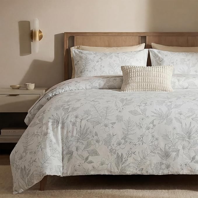 Floral Comforter Set King Size 100% Cotton Comforter Sets, Reversible Grey Floral Comforters Lightweight All Season Farmhouse Bedding with Matching Pillowcases