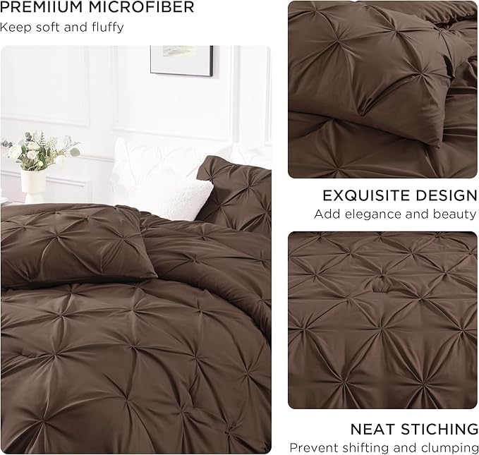 Andency Brown Queen Comforter Set, 3 Piece All Season Decorative Pintuck Bedding Comforter & Sets, Brown Soft Microfiber Lightweight Washable Bed Set for Queen Size Bed