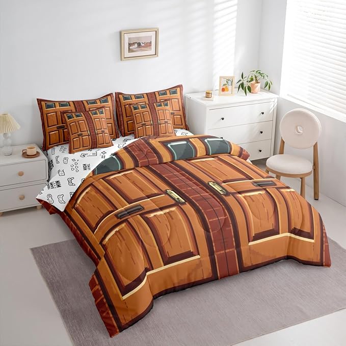 Castle Fairy Video Games Comforter Set - 7 Pieces Twin Size,Miner Door All Season Reversible Bed in a Bag Brick Red Square Bedding Set Video Games Theme Flat Sheet,Fitted Sheet,Pillowcases