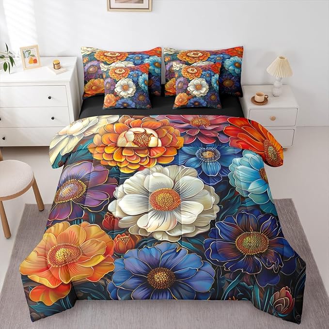 Erosebridal Floral King Comforter Set Boho Flowers 7-Piece Bed in A Bag Garden Pony Rainbow Colorful Dreamy Sheets and Pillowcases Gold White Bed Sets