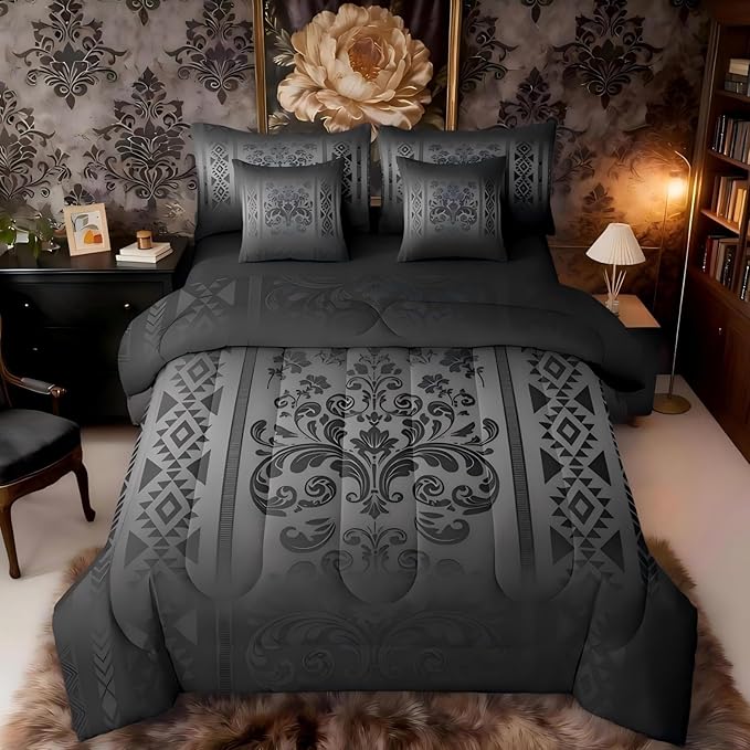 Comforter Set Full Size, Black and Grey Aztec Damask 7 Pcs Bedding for Kids Adults, Victorian Decor Western Baroque Goth Bed Sheet Sets with Fitted Sheet 2 Pillowcases & 2 Shams for Bedroom Bed Decor