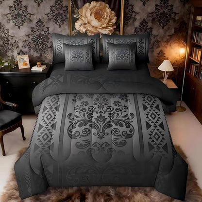 Comforter Set King Size, Black and Grey Aztec Damask 7 Pcs Bedding for Kids Adults, Victorian Decor Western Baroque Goth Bed Sheet Sets with Fitted Sheet 2 Pillowcases & 2 Shams for Bedroom Bed Decor