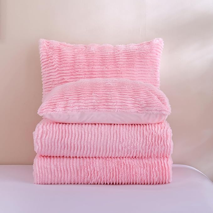 YIKUSH Queen Comforter Set Fluffy Pink Queen Size Bed Set Faux Rabbit Fur Fluffy Shaggy Furry Winter Bedding Ultra Soft Plush and Warm All Season 1 Comforter with 2 Pillow Cases (Queen, Pink)