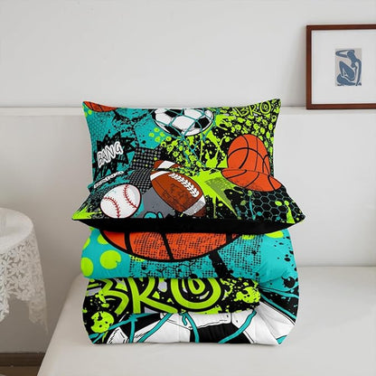 Feelyou Baseball Games Comforter Set Queen Size Football Comforter for Boys Girls Teens Rugby Sports Bedding Set Basketball Duvet Set Room Decor Teal Bright Green Mixed Ball Quilt Set
