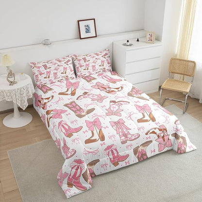 Feelyou Pink Western Bedding Set Cowgirl Cowboy Boots Comforter Set for Kids Boys Girls Teens Room Decor Cute Bowknot Dreamy Princess Style Comforter Queen Size Girly Duvet Set 3Pcs