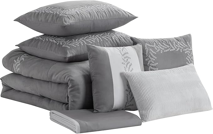 Queen Comforter Set 7-Piece Embroidered Faux Suede Bedding – Soft, Elegant & Complete Bedding Set with 1 Comforter, 2 Pillow Shams, 1 Bed Skirt, and 3 Decorative Throw Pillows, Queen, Gray