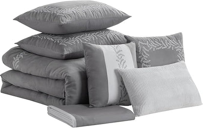 Queen Comforter Set 7-Piece Embroidered Faux Suede Bedding – Soft, Elegant & Complete Bedding Set with 1 Comforter, 2 Pillow Shams, 1 Bed Skirt, and 3 Decorative Throw Pillows, Queen, Gray