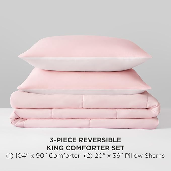 Reversible Box Stitch Comforter Set, 3-Piece King – Light Pink/White – Stylish Bedding Set
