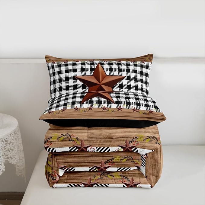Western Texas Star Comforter Set King, Farmhouse Black Plaid Bedding, Brown Vintage Country Star Bedding Comforter Sets, Retro Rustic Checked Grid Bedroom Decor Wooden Grain Quilt For Kids Boys Girls