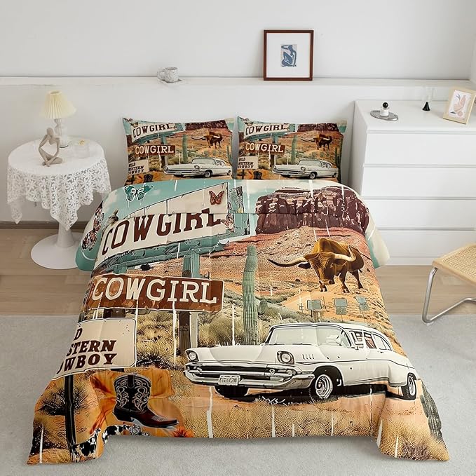 Feelyou Western Aztec Comforter Set Toddler Size Cowboy Cow Duvet Quilt for Kids Teens Adults Wild Western Shoes Rustic Tribal Car Bedding Set Room Decor with 1 Pillow Case All Season Soft 2Pcs