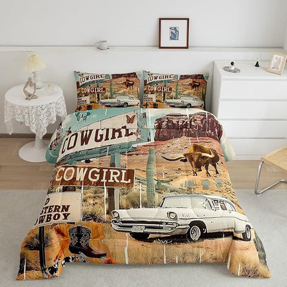 Feelyou Western Aztec Comforter Set King Size Cowboy Cow Duvet Quilt for Kids Teens Adults Wild Western Shoes Rustic Tribal Car Bedding Set Room Decor with 2 Pillow Case All Season Soft 3Pcs