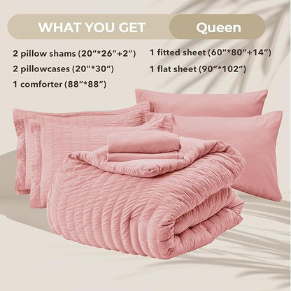 HYMOKEGE Rose Pink Queen Comforter Set Seersucker 7 Pieces, All Season Luxury Bed in a Bag Queen for Bedroom, Bedding Set with Comforter, Sheets, Pillowcases & Shams