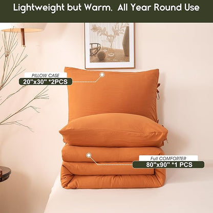 Burnt Orange Full Size Comforter Set, 3 Pieces Solid Terracotta Rust Breathable Fluffy Ultra Soft Polycotton Quilted Bedding Down Blanket Comforter for All Season (1 Conforter 2 Pillow Case)