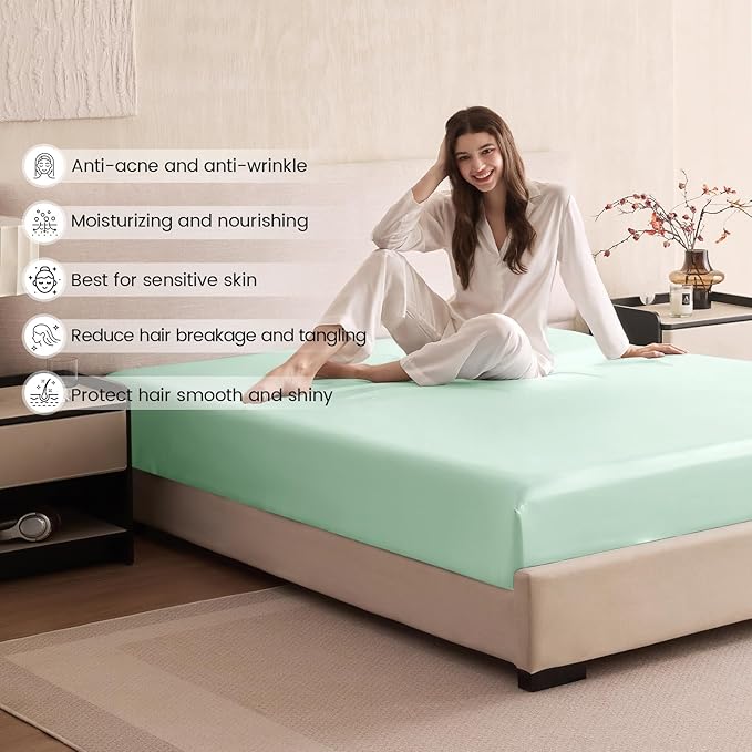 THXSILK 6A+ Top Grade 100% Pure Mulberry Silk Full Fitted Sheet 3Pcs Set Bed Sheets Luxury Bedding for Hair and Skin Breathable Cooling Safe Material, 1 Fitted Sheet with 2 Pillowcases, Turquoise