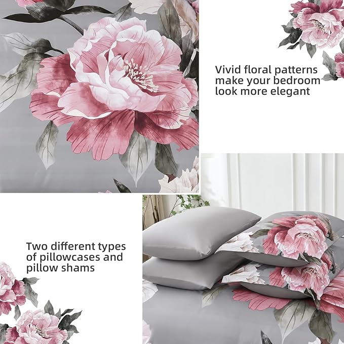 Dobuyly Pink and Grey Comforter Set King Size 7 Piece Bed in a Bag, Floral Printed on Gray Comforter Set with Sheets, Soft Microfiber Botanical Complete Bedding Set for All Season