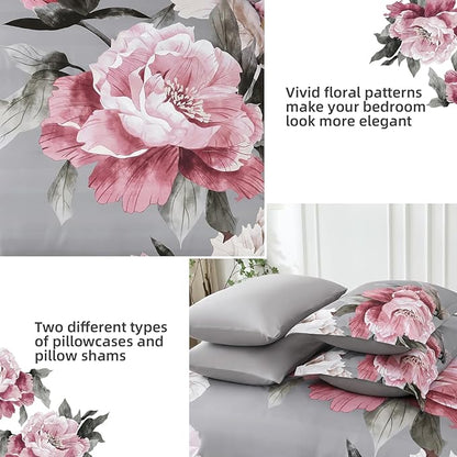 Dobuyly Pink and Grey Comforter Set King Size 7 Piece Bed in a Bag, Floral Printed on Gray Comforter Set with Sheets, Soft Microfiber Botanical Complete Bedding Set for All Season