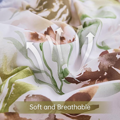 Luxudecor Floral Comforter Set King Size 7 Pieces Bed in a Bag, Green Flower Watercolor Bed Set, Soft Comforter with Sheet Set 104"x90"