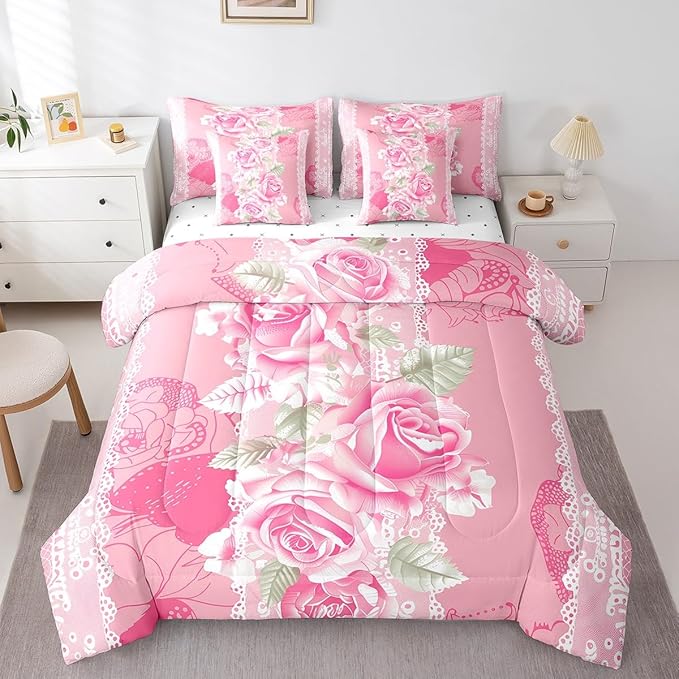 Feelyou Rose Comforter Set Queen Size 7 Pieces Rose Floral Flower Bedding Set for All Season Romantic Pink Vintage Garden Flower Bed in a Bag with Comforter, Sheets, Pillowcases & Cushion Cover