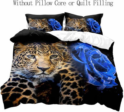 LUVIVIHOME 2PCS Leopard Duvet Cover, Twin Bedding Sets, Floral Duvet Cover, Royal Blue Rose Flower Cheetah Wild Animal Black Comforter Bedspread Quilt Cover, Romantic Gifts for Him Men, 1 Pillow Sham