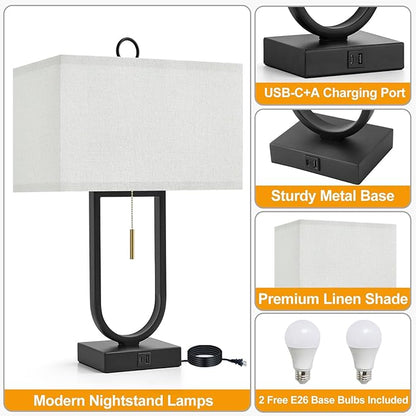 24'' Table Lamps Set of 2 - Desk Lamp & Bedside Lamp, Adjustable Color Temperature, USB C+A Ports, Modern Nightstand Lamps for Bedroom, Living Room, Home Office, Pull Chain Switch( Includes Bulbs)
