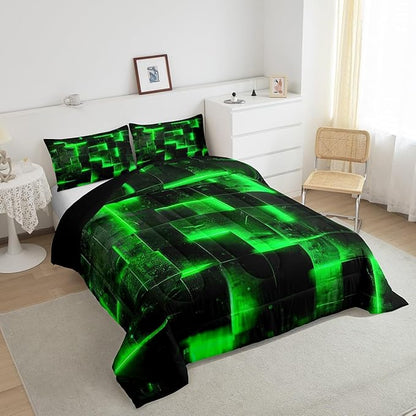 Erosebridal Black and Green Comforter Set King Modern Abstract King Bedding, 3D Glowing Plaid Bedding Comforter Sets Gradient Grid Duvet, Neon Square Quilted Comforter 3 Piece (Black Reversible)