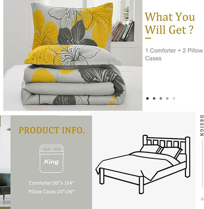 Menghomeus King Comforter Set Yellow Floral and Grey Bedding, Soft Microfiber Bedding Lightweight Boho Bed Comforter Set for All Season (1 Comforter, 2 Pillowcases)