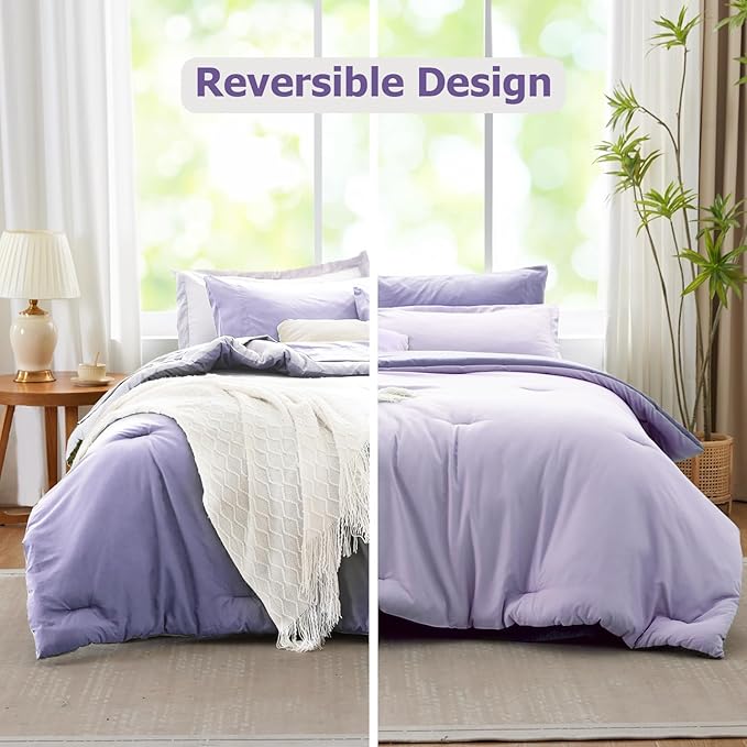 Purple Lavender Comforter Set, 7 Piece Soft Bed in a Bag - Reversible Bedding Set, Assortment of Sheets, Pillowcases & Shams, All Seasons Boho Queen Bed Set